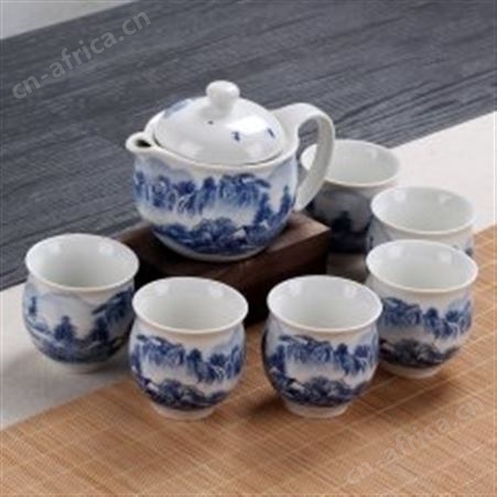 红素彩青花七头双层茶具套装隔热杯 陶瓷茶具礼品定制 500件起订不单独零售