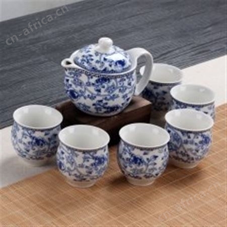 红素彩青花七头双层茶具套装隔热杯 陶瓷茶具礼品定制 500件起订不单独零售