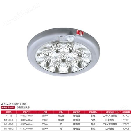 敏华应急救援器材led照明灯灰色圆形防火塑料红外+声控带强启吸顶灯M-ZLZD-E18W1165